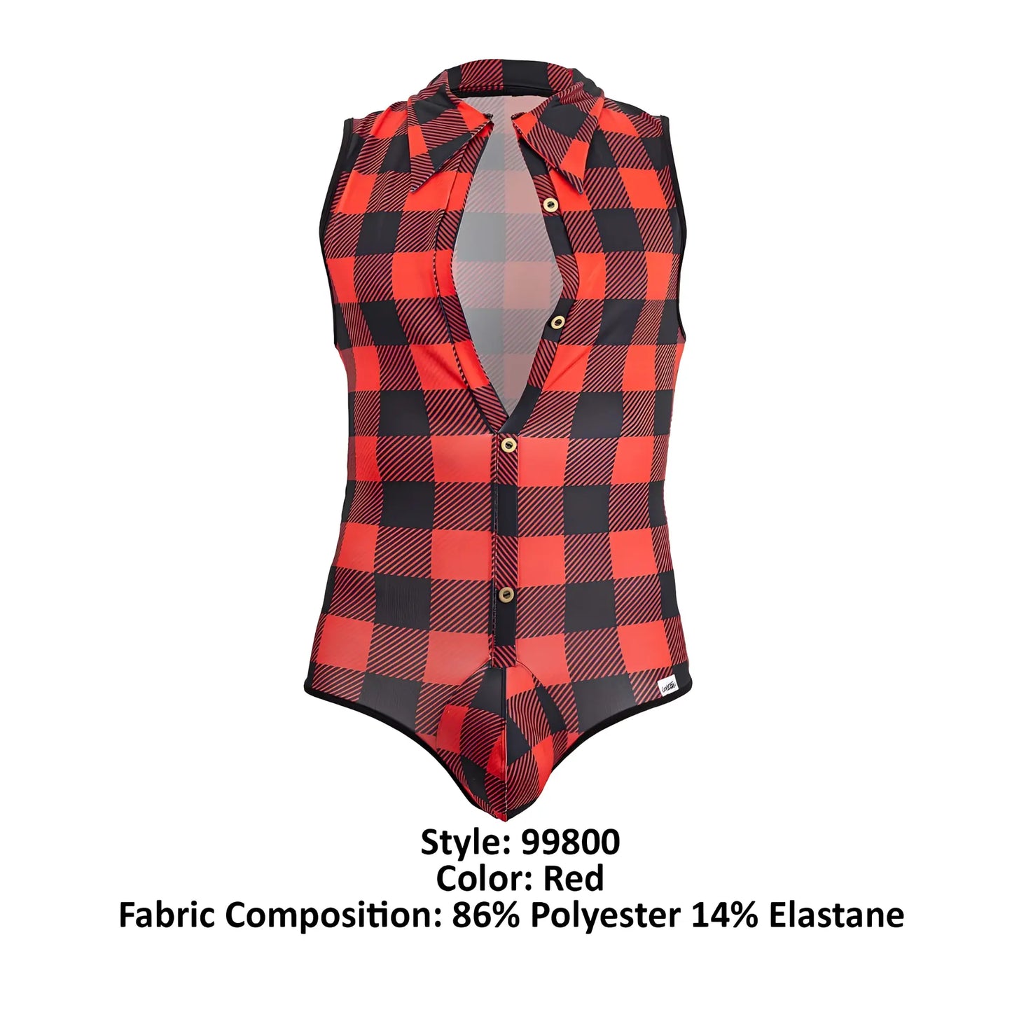 Red and black plaid sleeveless bodysuit with button-front design candyMan 99800 lumberjack bodysuit color red