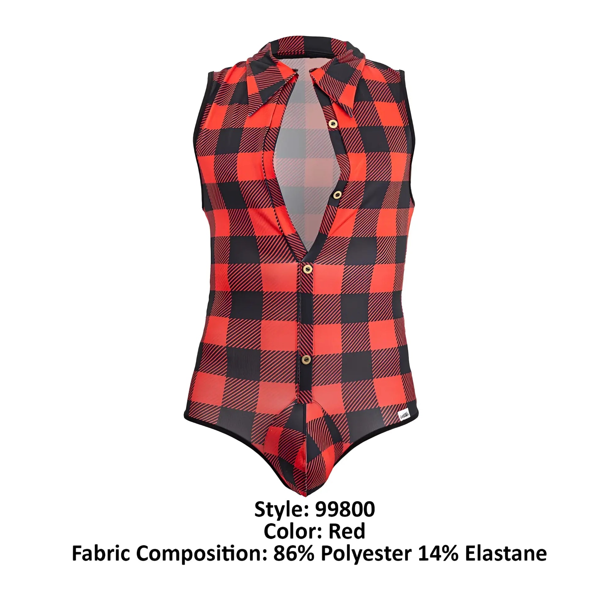 Red and black plaid sleeveless bodysuit with button-front design candyMan 99800 lumberjack bodysuit color red