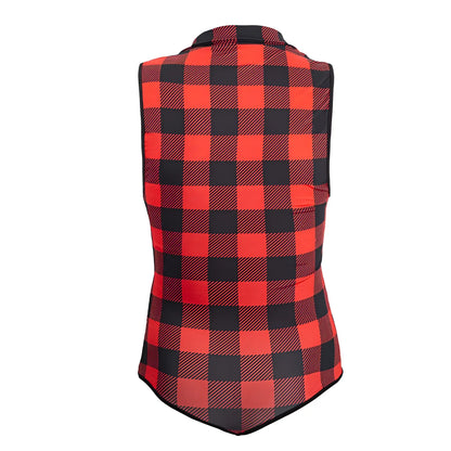 Red and black plaid sleeveless vest with collar from candyman 99800 lumberjack bodysuit in red color