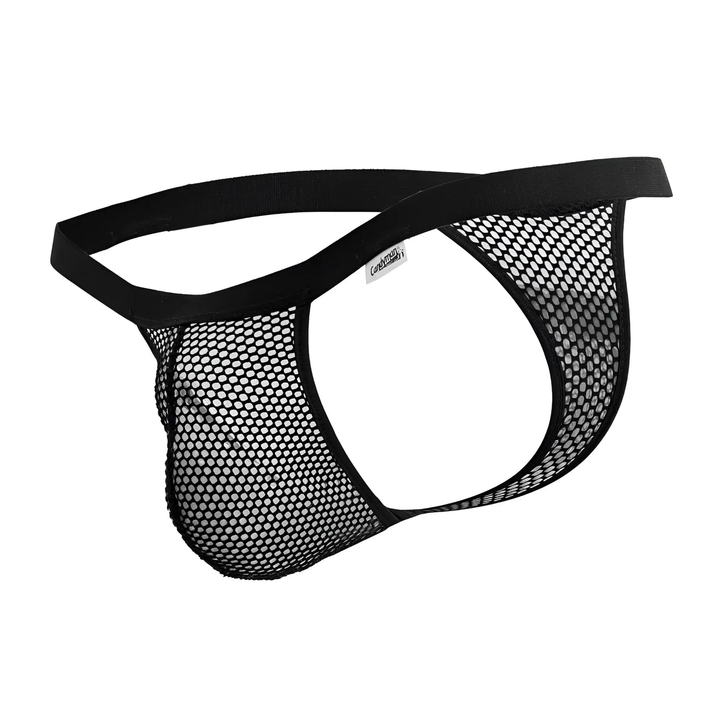 Black mesh thong candy man 99801 with solid elastic waistband and cordoba brand label visible