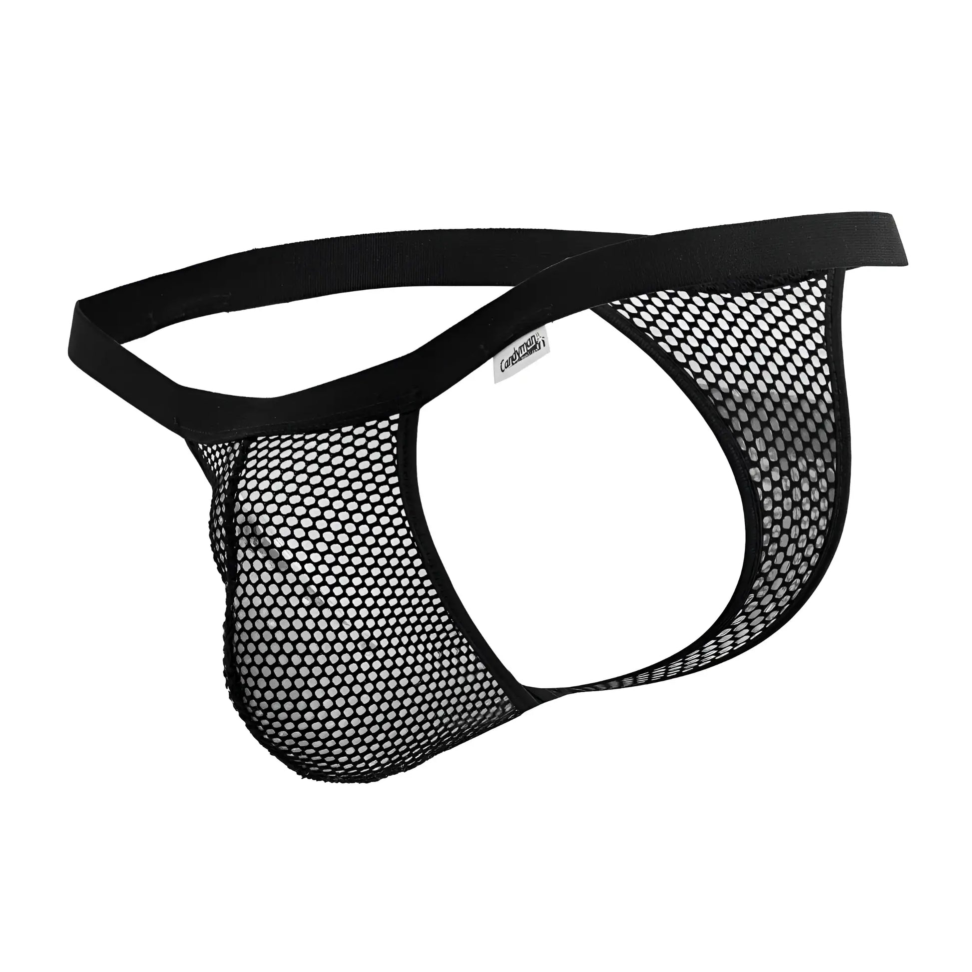 Black mesh thong candy man 99801 with solid elastic waistband and cordoba brand label visible