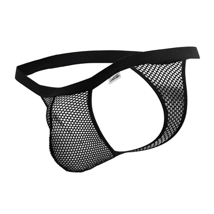Black mesh thong candy man 99801 with solid elastic waistband and cordoba brand label visible