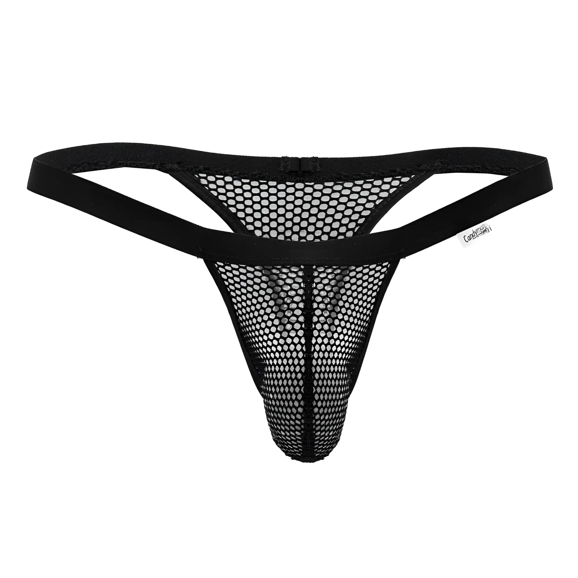 Black mesh thong CandyMan 99801 with solid elastic waistband and small brand tag visible on front side