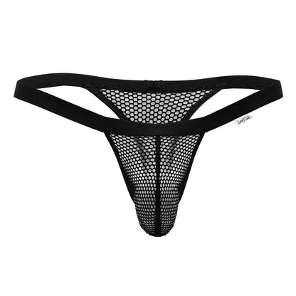 Black mesh thong CandyMan 99801 with solid elastic waistband and small brand tag visible on front side