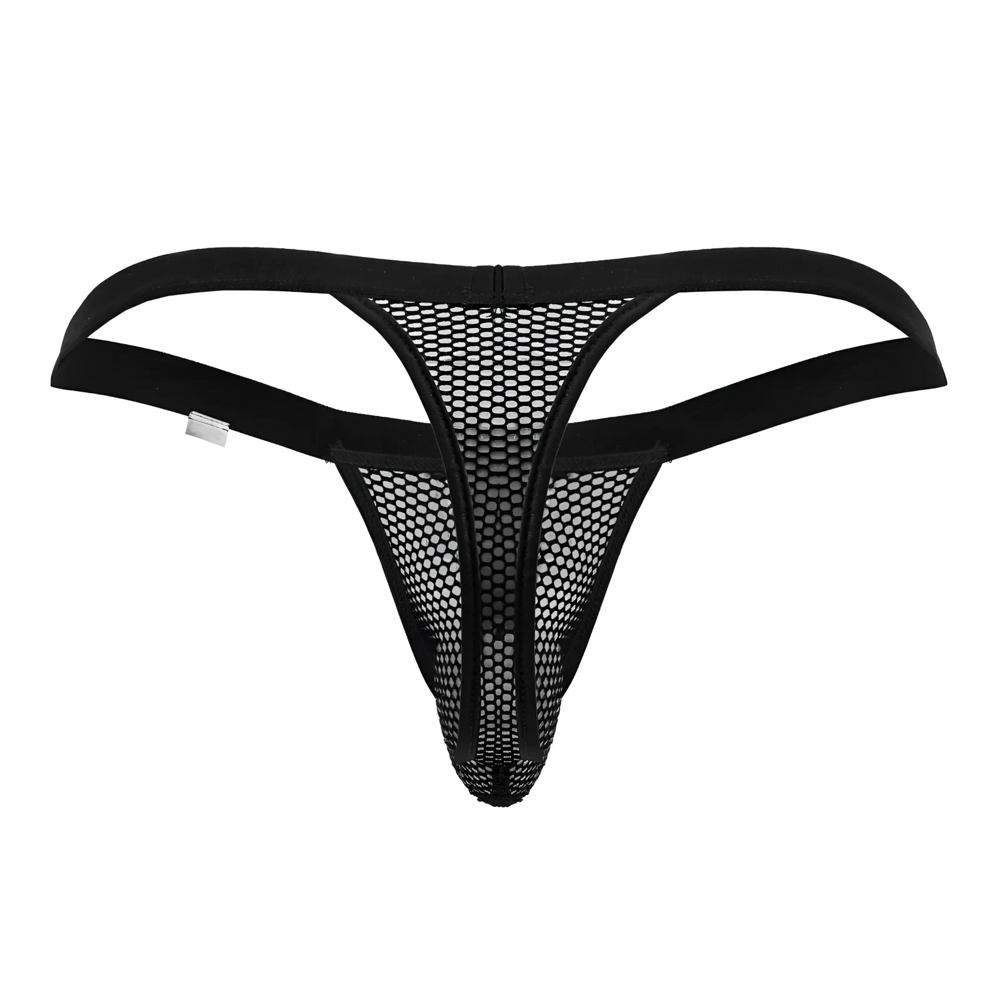 CandyMan 99801 black mesh thong with solid elastic straps and central zipper showing front view
