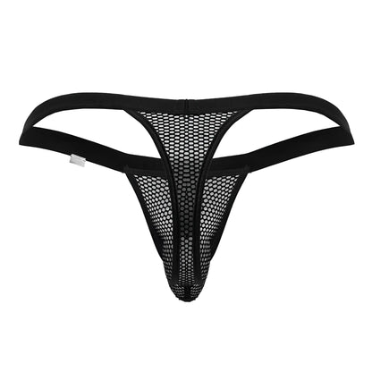 CandyMan 99801 black mesh thong with solid elastic straps and central zipper showing front view