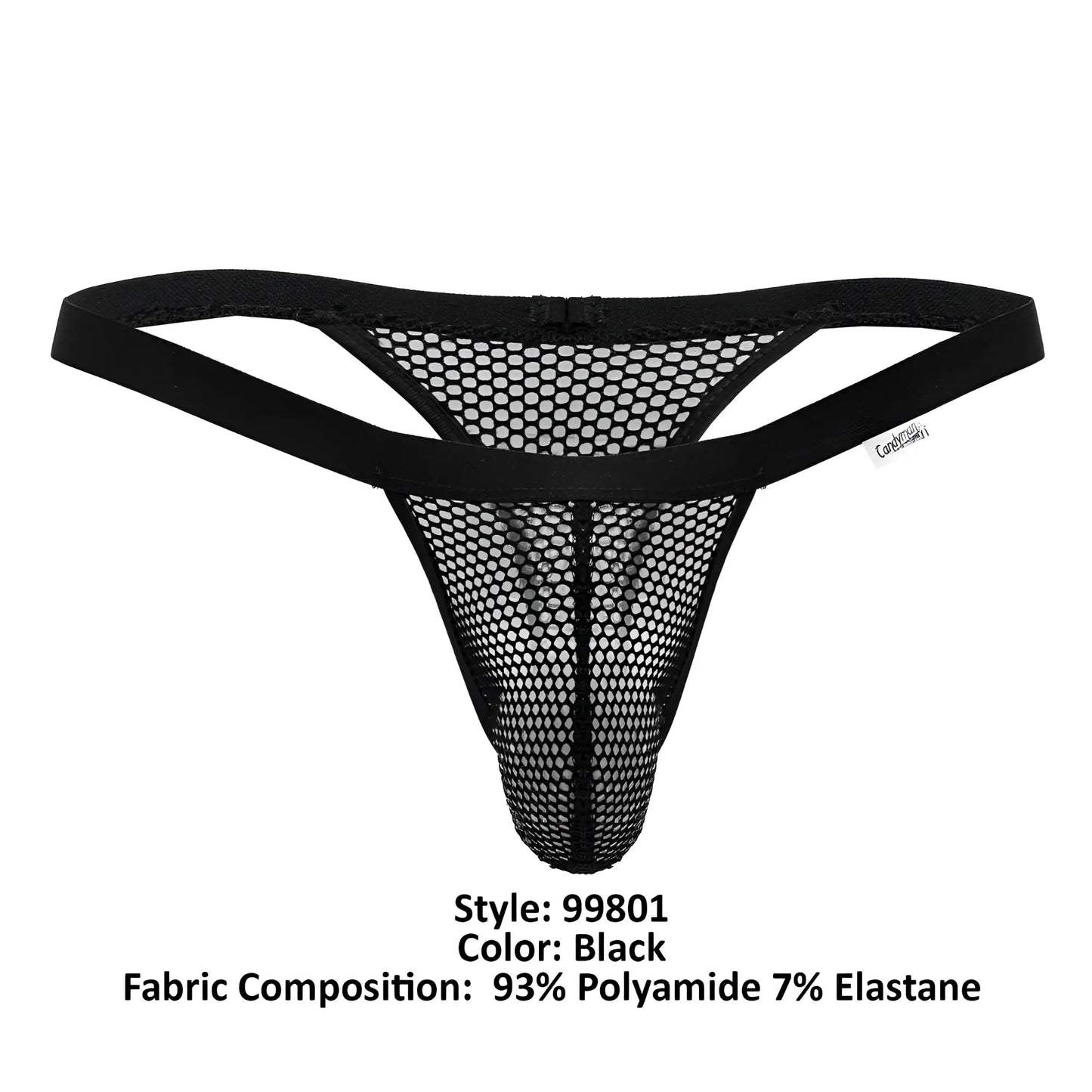 Black mesh thong with solid elastic waistband made from 93 polyamide 7 elastane candyman 99801 mesh thongs black