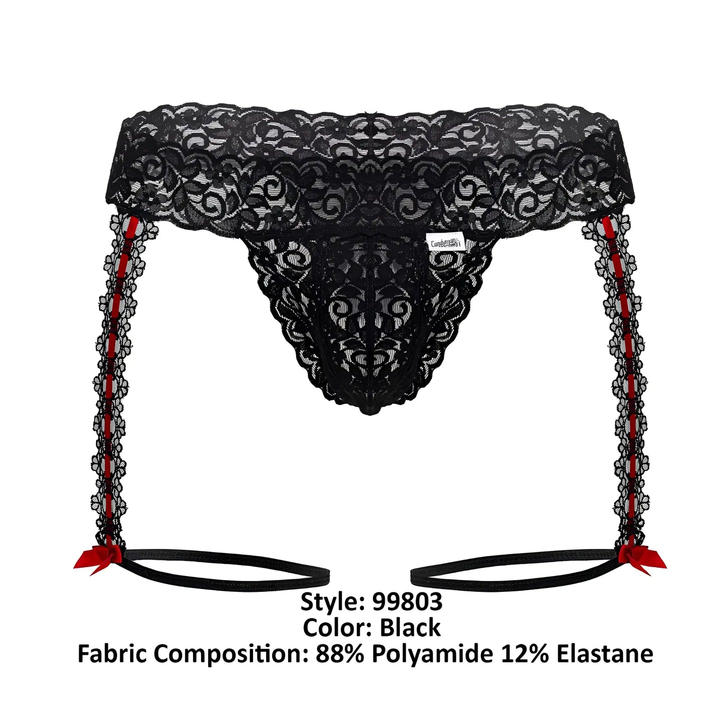Black lace garter belt with red ribbon accents and matching ties from candyman 99803 lace garter thongs color black