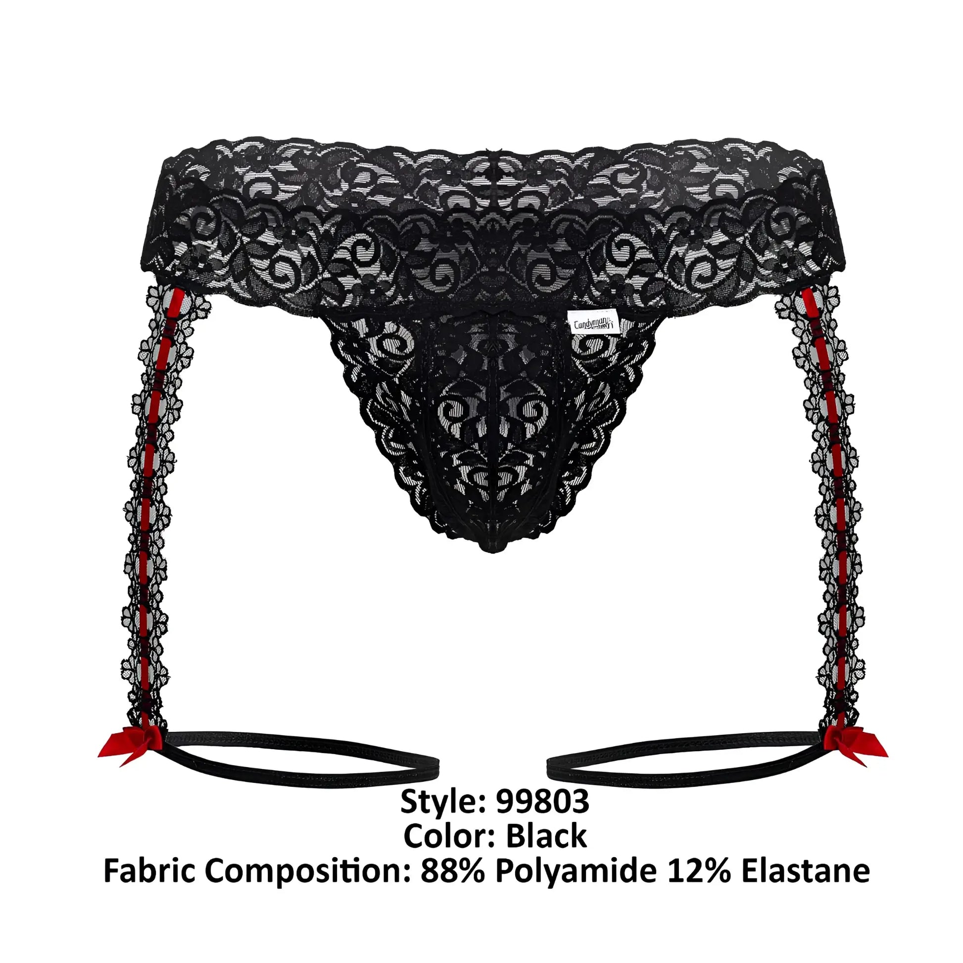 Black lace garter belt with red ribbon accents and matching ties from candyman 99803 lace garter thongs color black