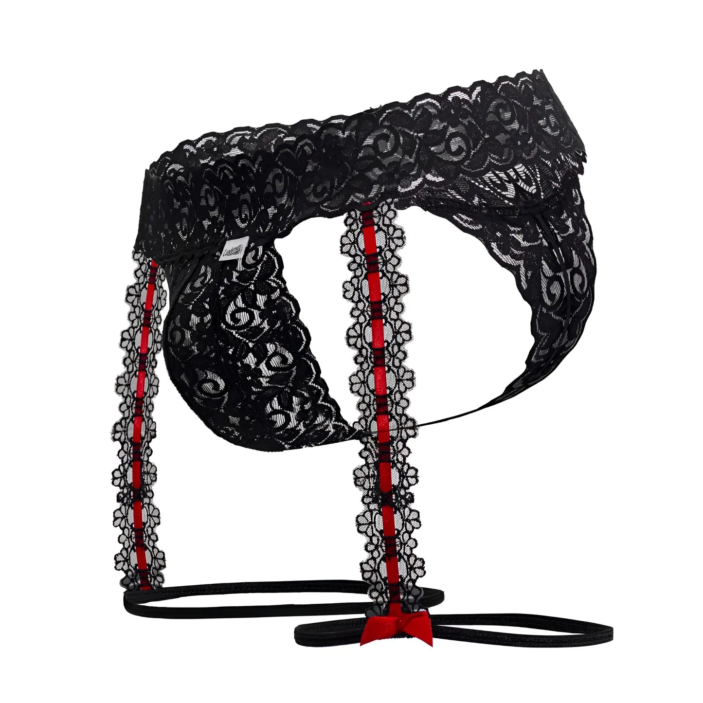 CandyMan 99803 black lace men’s garter thong with red floral trim and matching bow front view