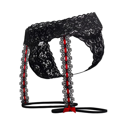 CandyMan 99803 black lace men’s garter thong with red floral trim and matching bow front view