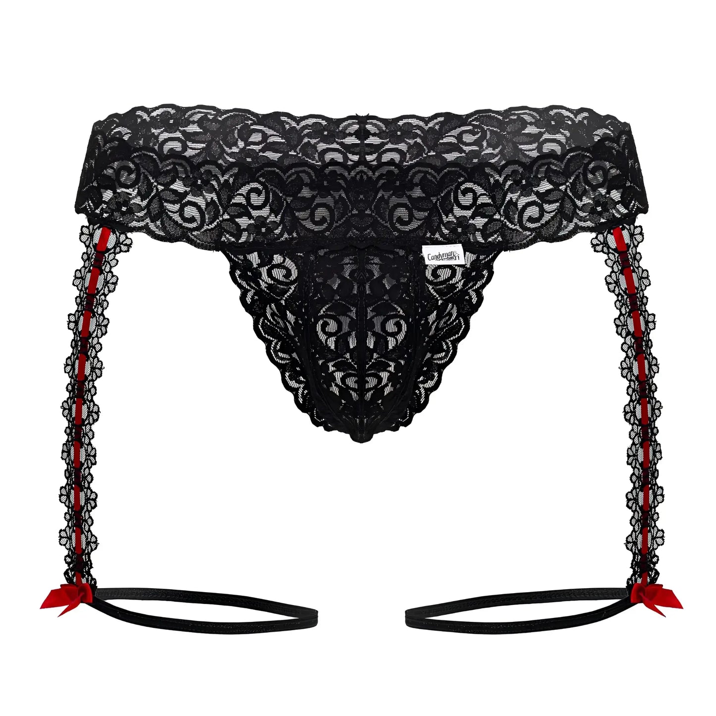 Black lace thong with red ribbon ties and decorative bows candy man 99803 lace garter thong in black
