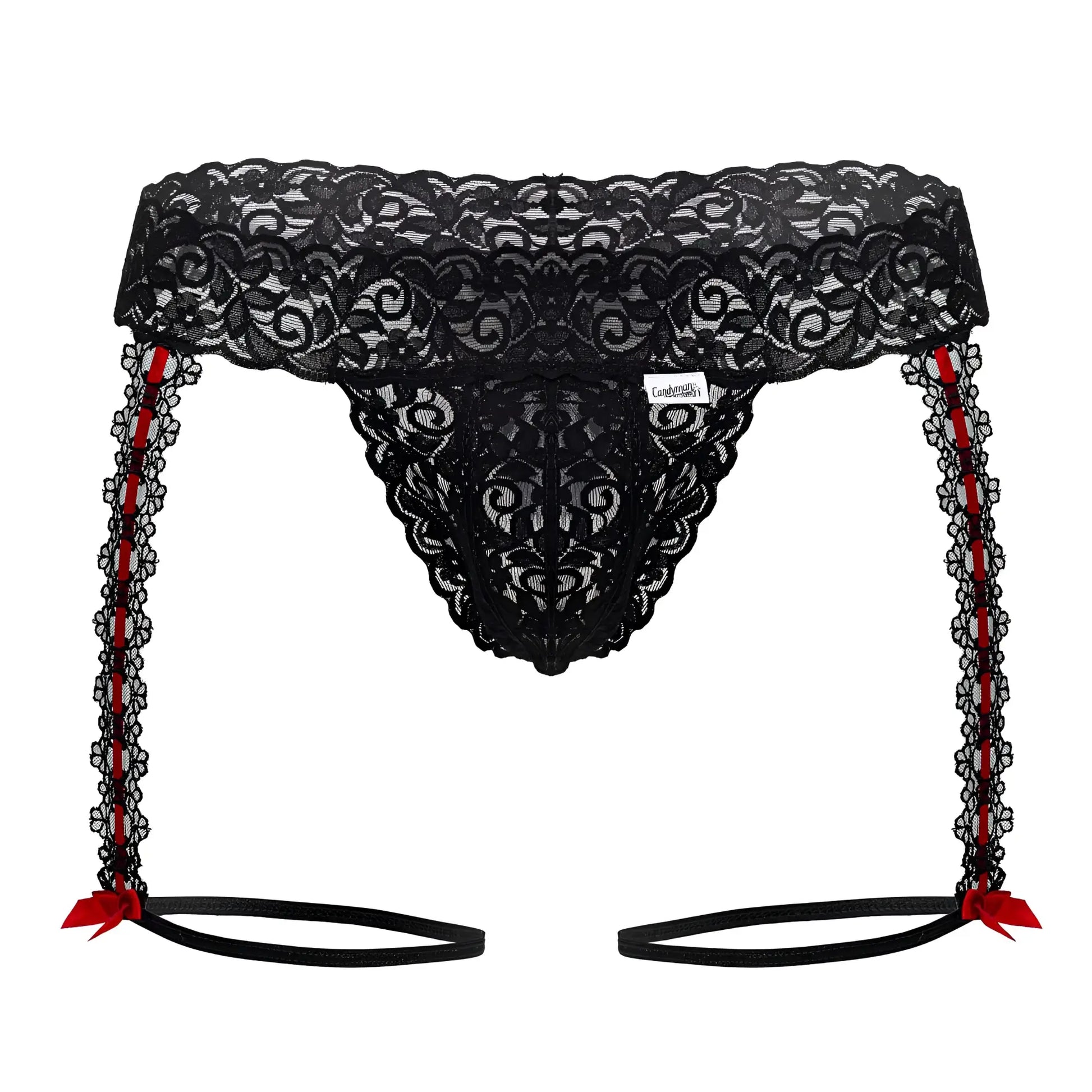 Black lace thong with red ribbon ties and decorative bows candy man 99803 lace garter thong in black