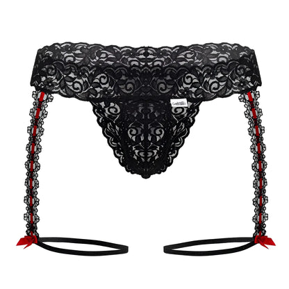 Black lace thong with red ribbon ties and decorative bows candy man 99803 lace garter thong in black