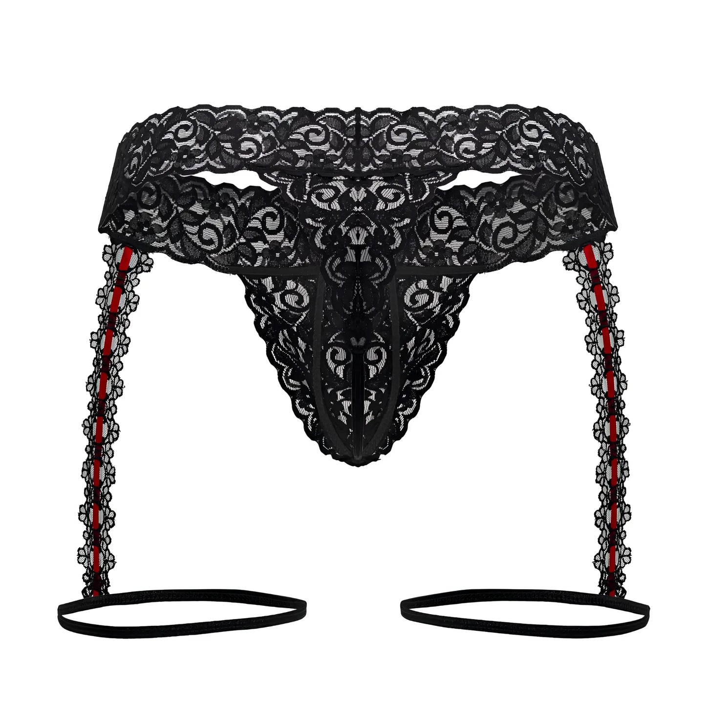 Black lace thong with red-striped garter straps and scalloped edges from candyman 99803 lace garter thongs