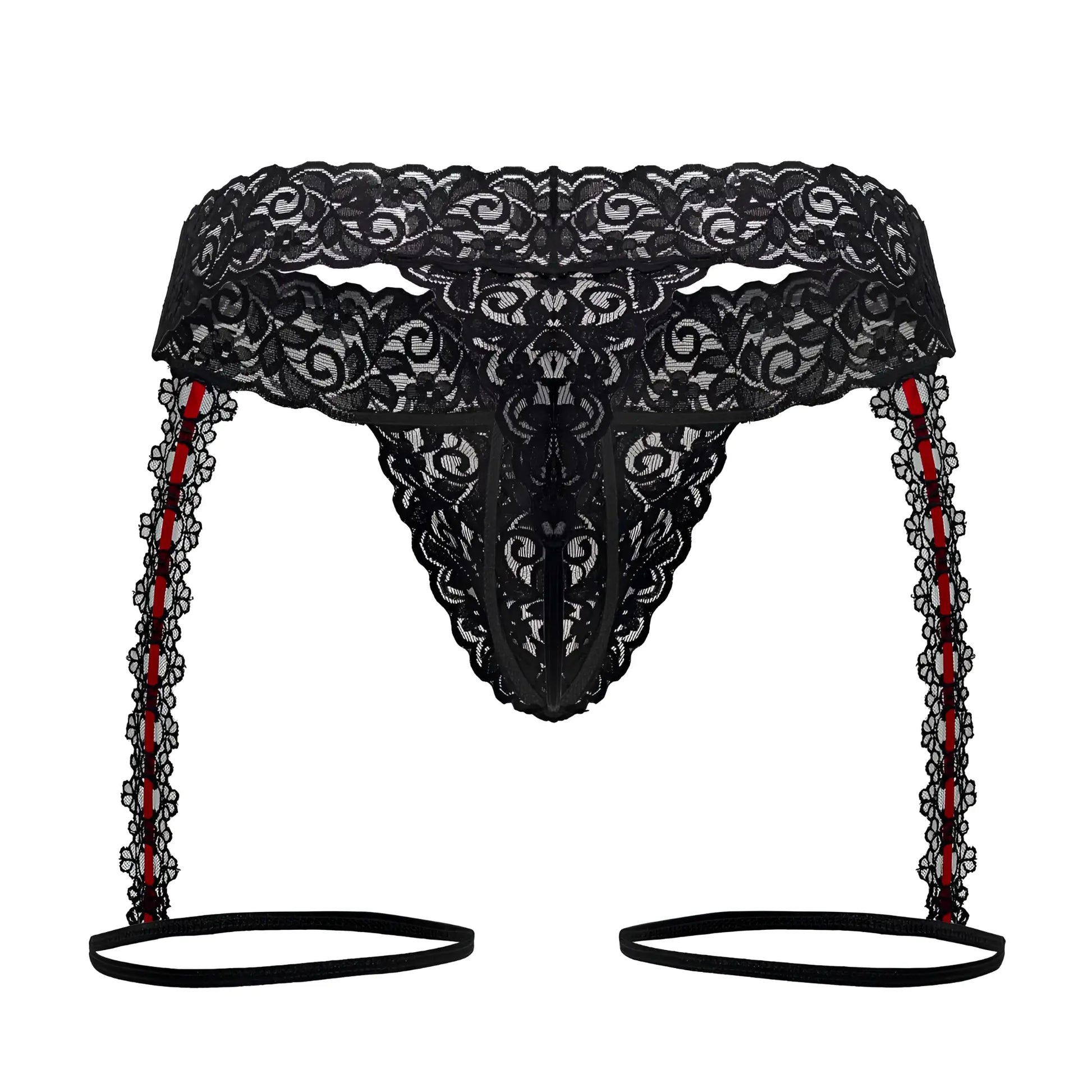 Black lace thong with red-striped garter straps and scalloped edges from candyman 99803 lace garter thongs