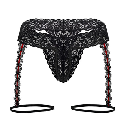 Black lace thong with red-striped garter straps and scalloped edges from candyman 99803 lace garter thongs