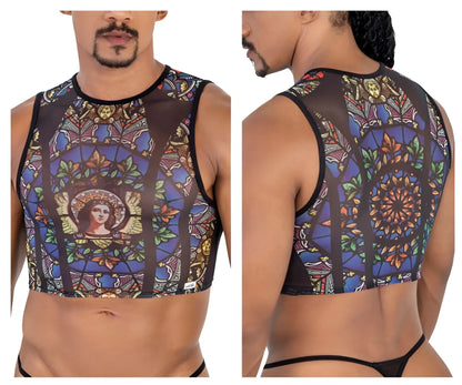 CandyMan 99805 stained glass tank top black print with angelic figure and floral patterns on sheer mesh crop top