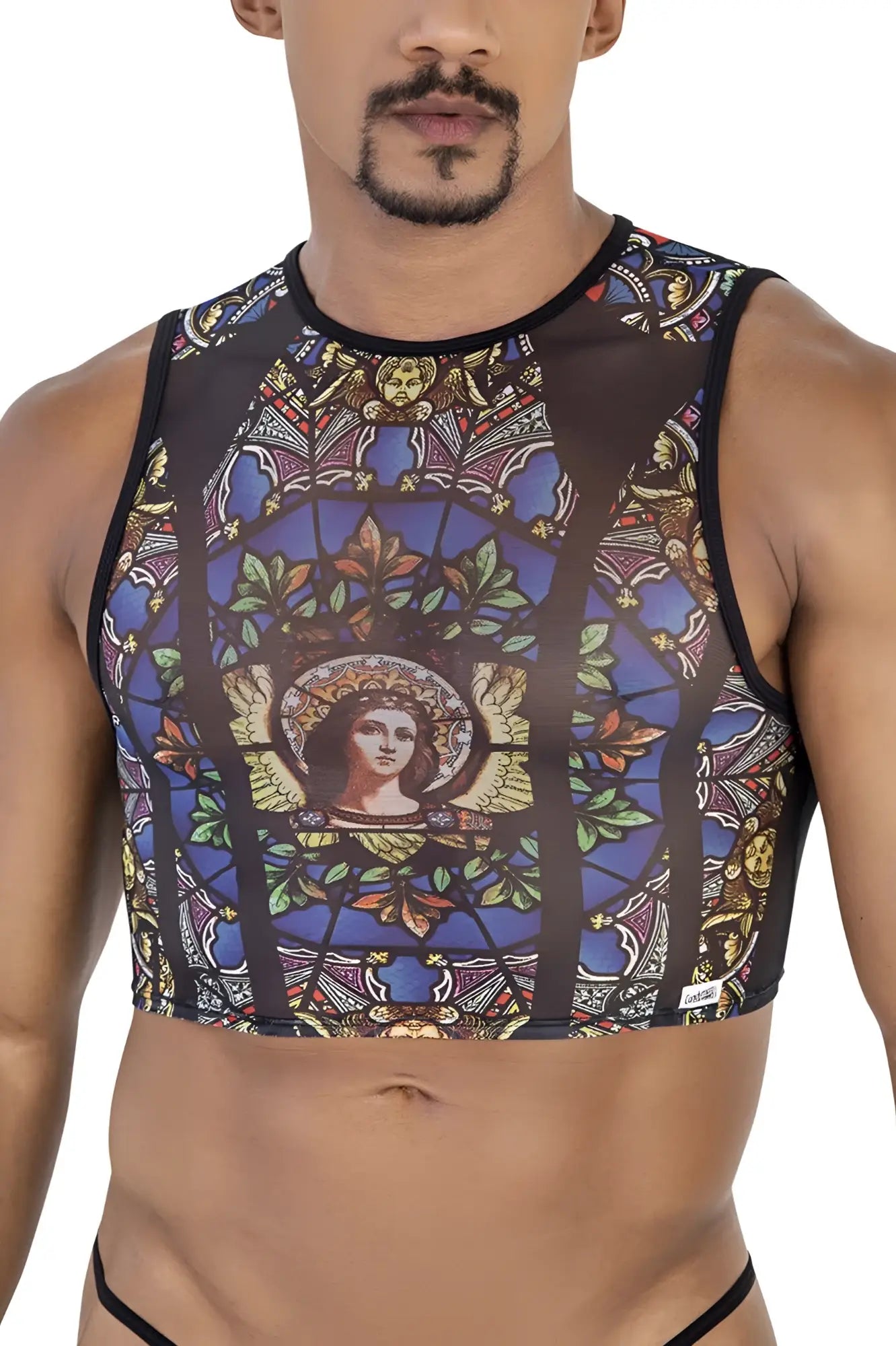 CandyMan 99805 stained glass tank top in black with a sheer mesh base featuring a central angelic figure and blue gold patterns