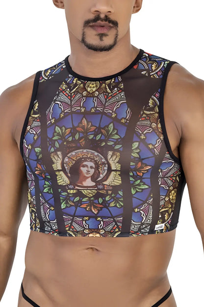 CandyMan 99805 stained glass tank top in black with a sheer mesh base featuring a central angelic figure and blue gold patterns