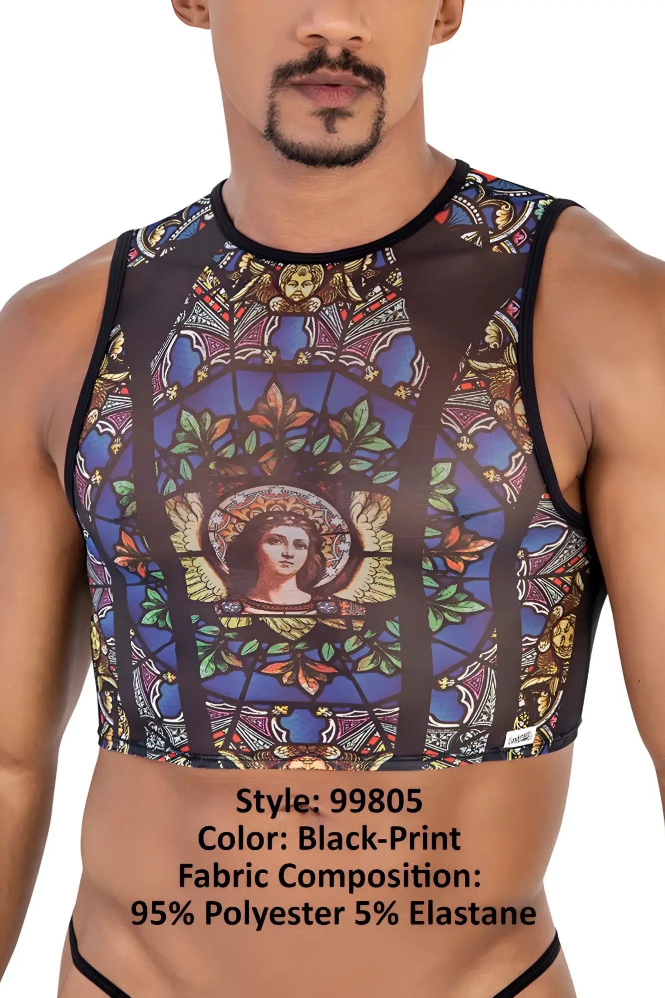 CandyMan 99805 black-print sleeveless crop top with stained glass angel design on sheer mesh fabric