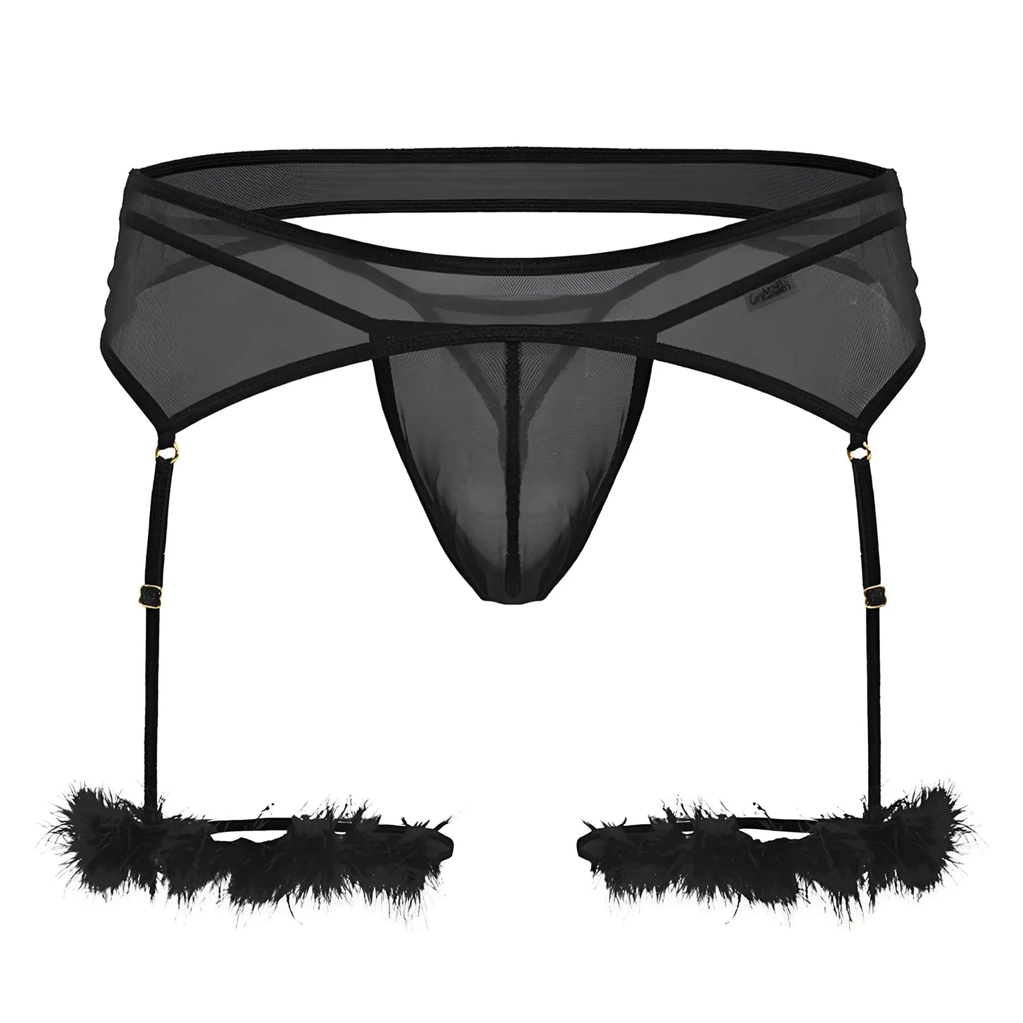 Black sheer mesh garter belt with feathered leg straps from Candyman 99806 mesh garter outfit in black color