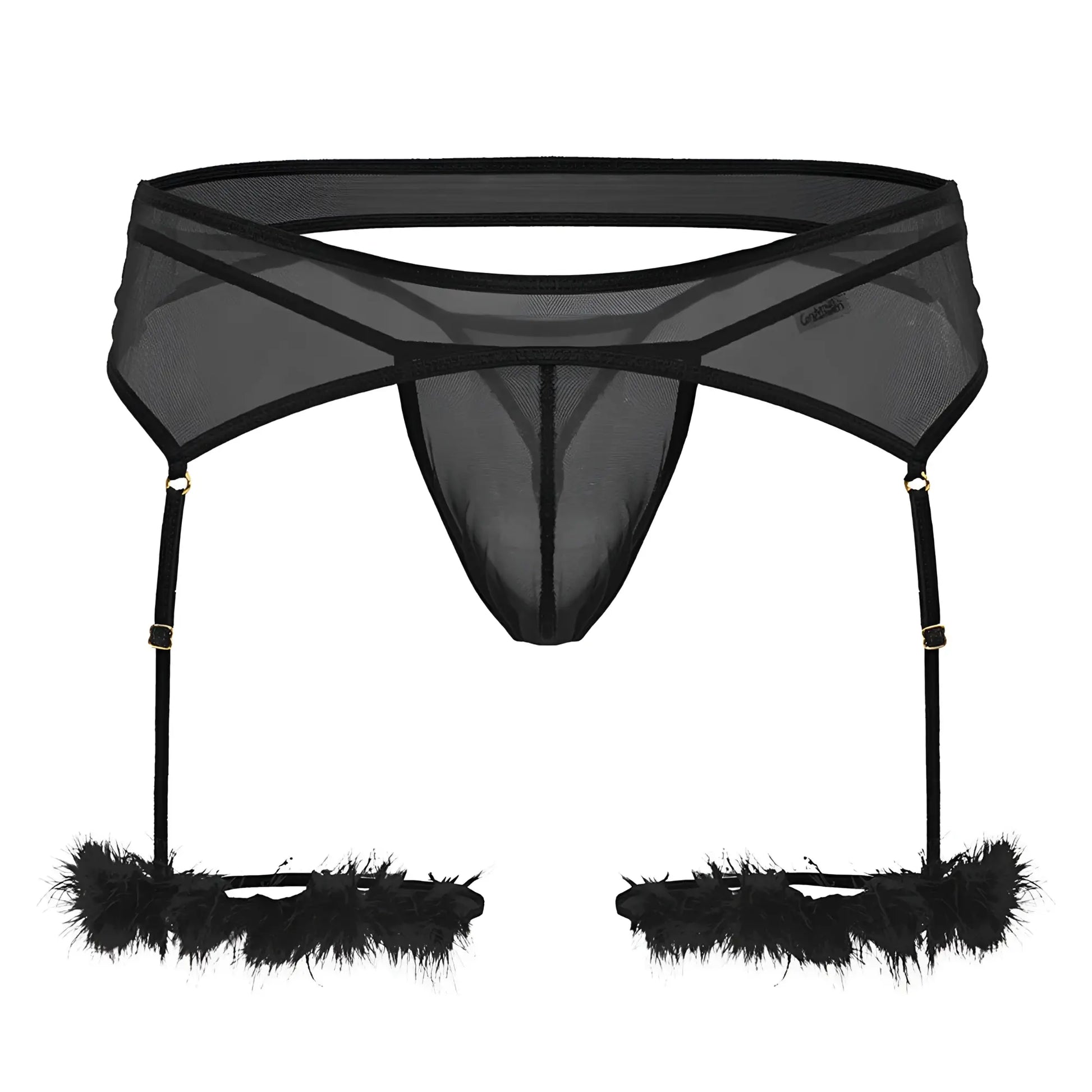 Black sheer mesh garter belt with feathered leg straps from Candyman 99806 mesh garter outfit in black color