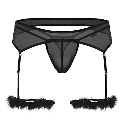 Black sheer mesh garter belt with feathered leg straps from Candyman 99806 mesh garter outfit in black color