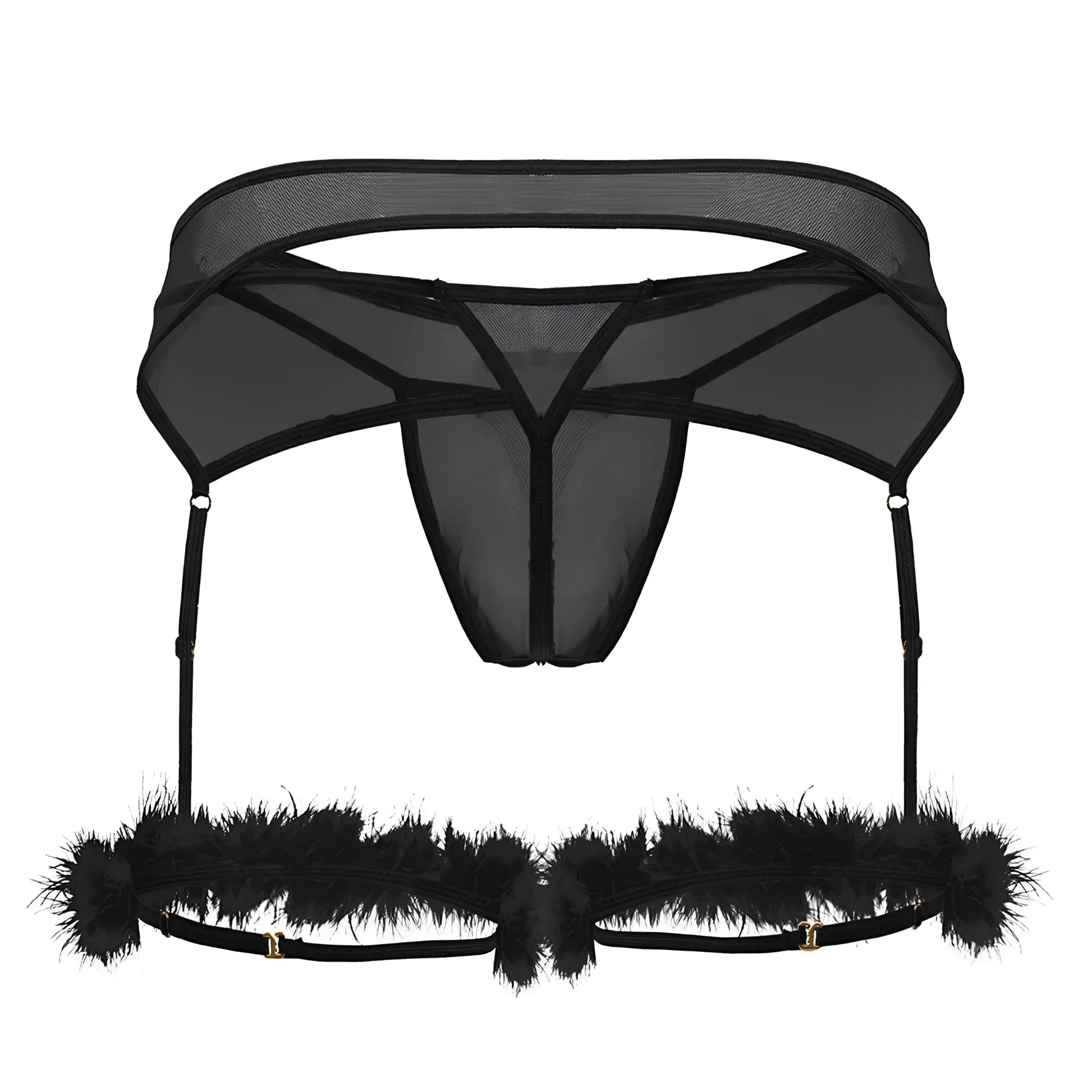 Black sheer mesh garter belt with feather trim and adjustable straps from candyman 99806 outfit in black