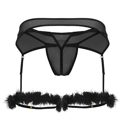 Black sheer mesh garter belt with feather trim and adjustable straps from candyman 99806 outfit in black