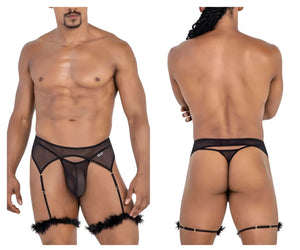 Black sheer mesh garter belt with feathered cuffs and gold tone hardware from CandyMan 99806 mesh garter outfit