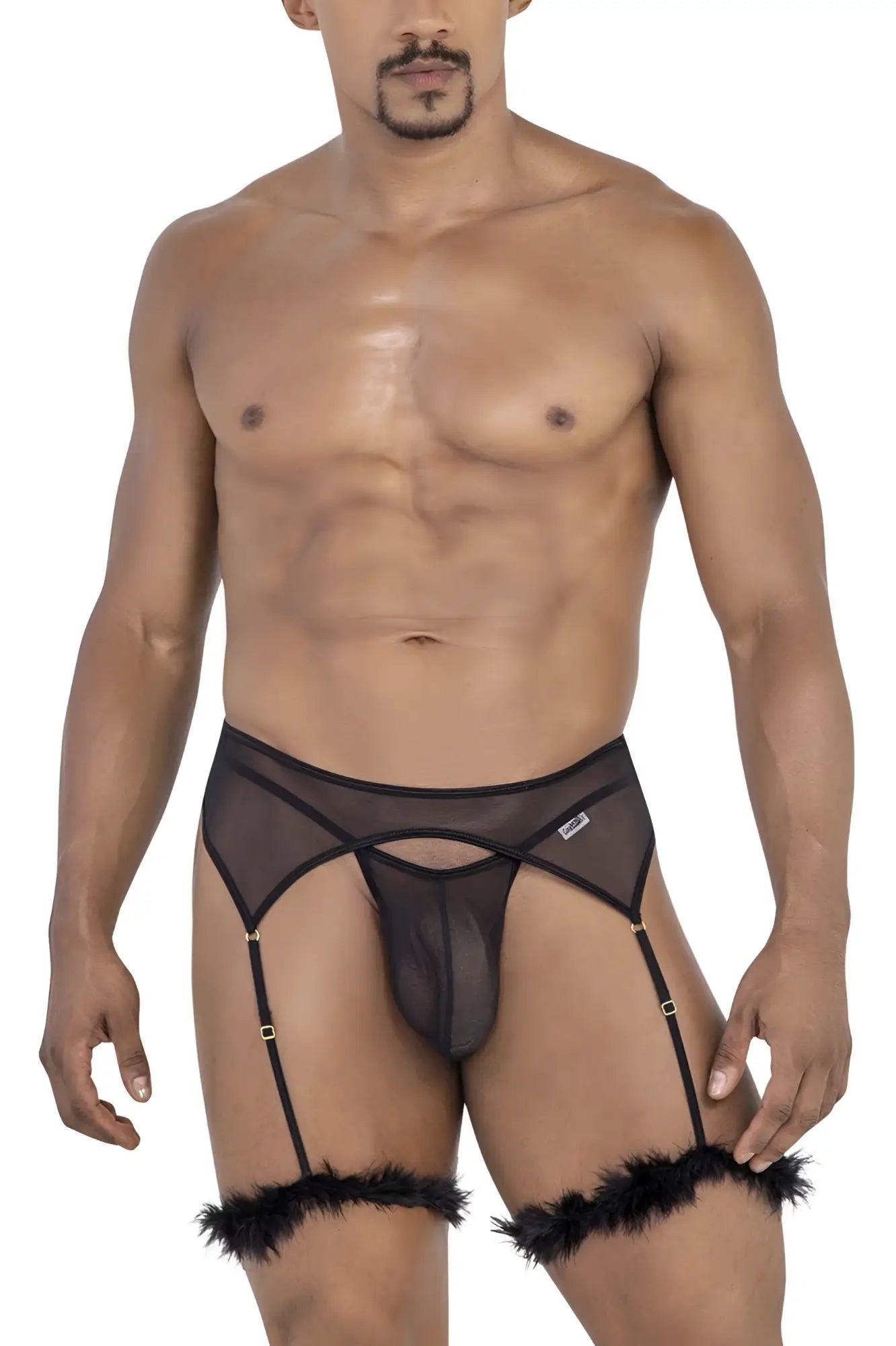 Black sheer mesh garter belt with feathered cuffs and gold-tone hardware from candyman 99806 mesh garter outfit