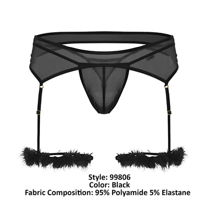 Black sheer mesh CandyMan 99806 garter belt with feathered cuffs and adjustable straps for a sexy outfit