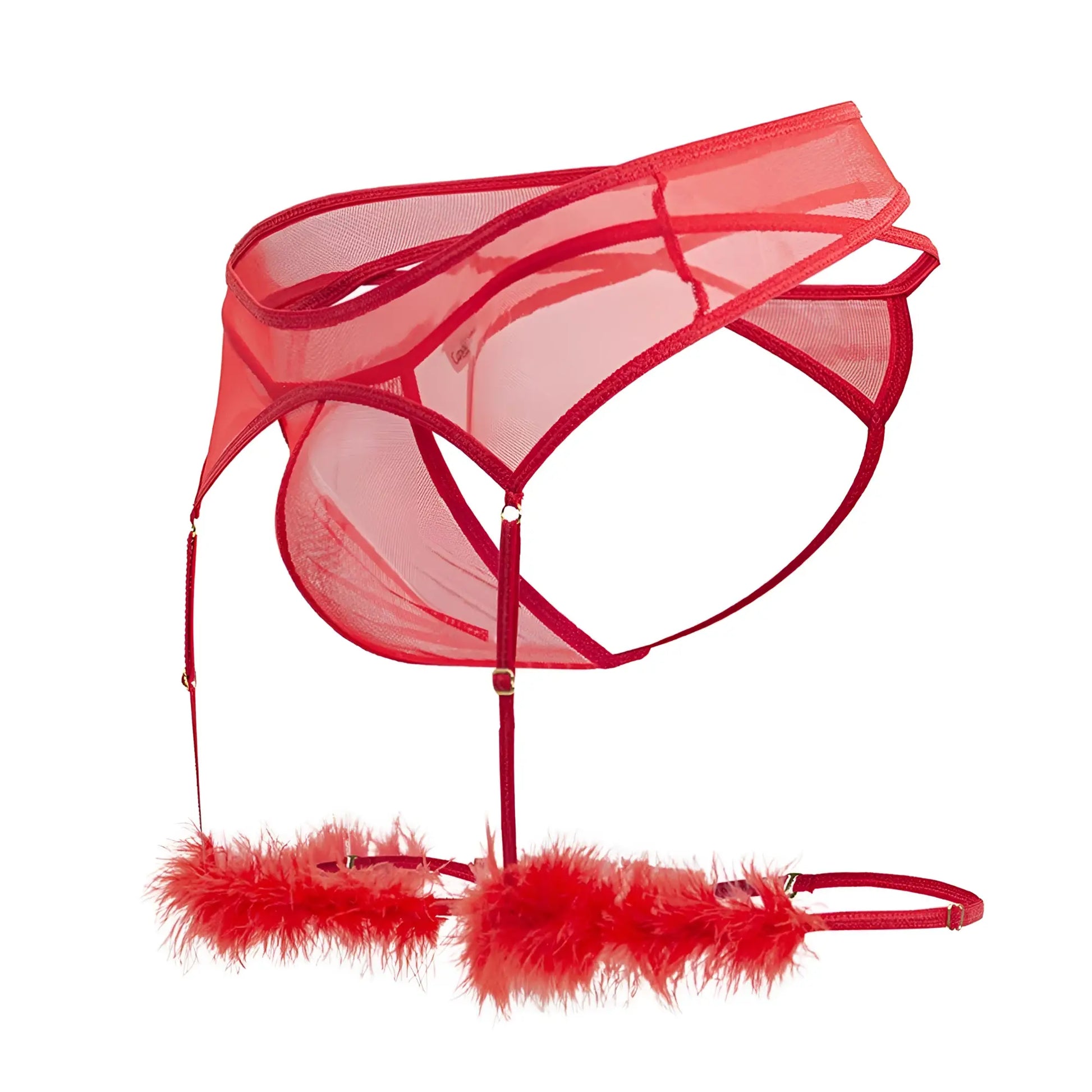 CandyMan 99806 red mesh garter belt with sheer fabric and feathered leg straps for lingerie outfits