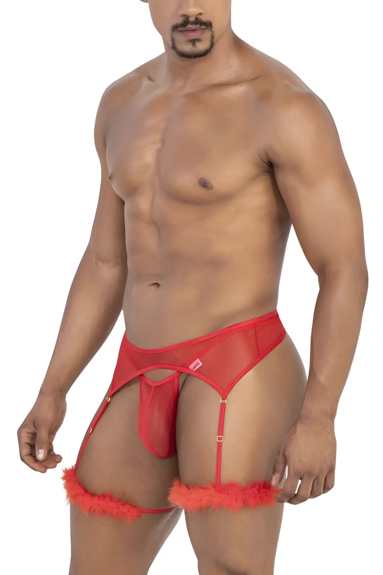 CandyMan 99806 red mesh garter belt with fluffy orange trim and adjustable straps in sheer fabric