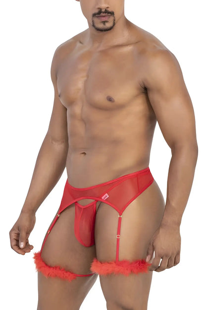 CandyMan 99806 red mesh garter belt with fluffy orange trim and adjustable straps in sheer fabric