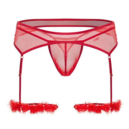 Red sheer mesh garter belt with feathered cuffs and adjustable straps from Candyman 99806 mesh garter outfit