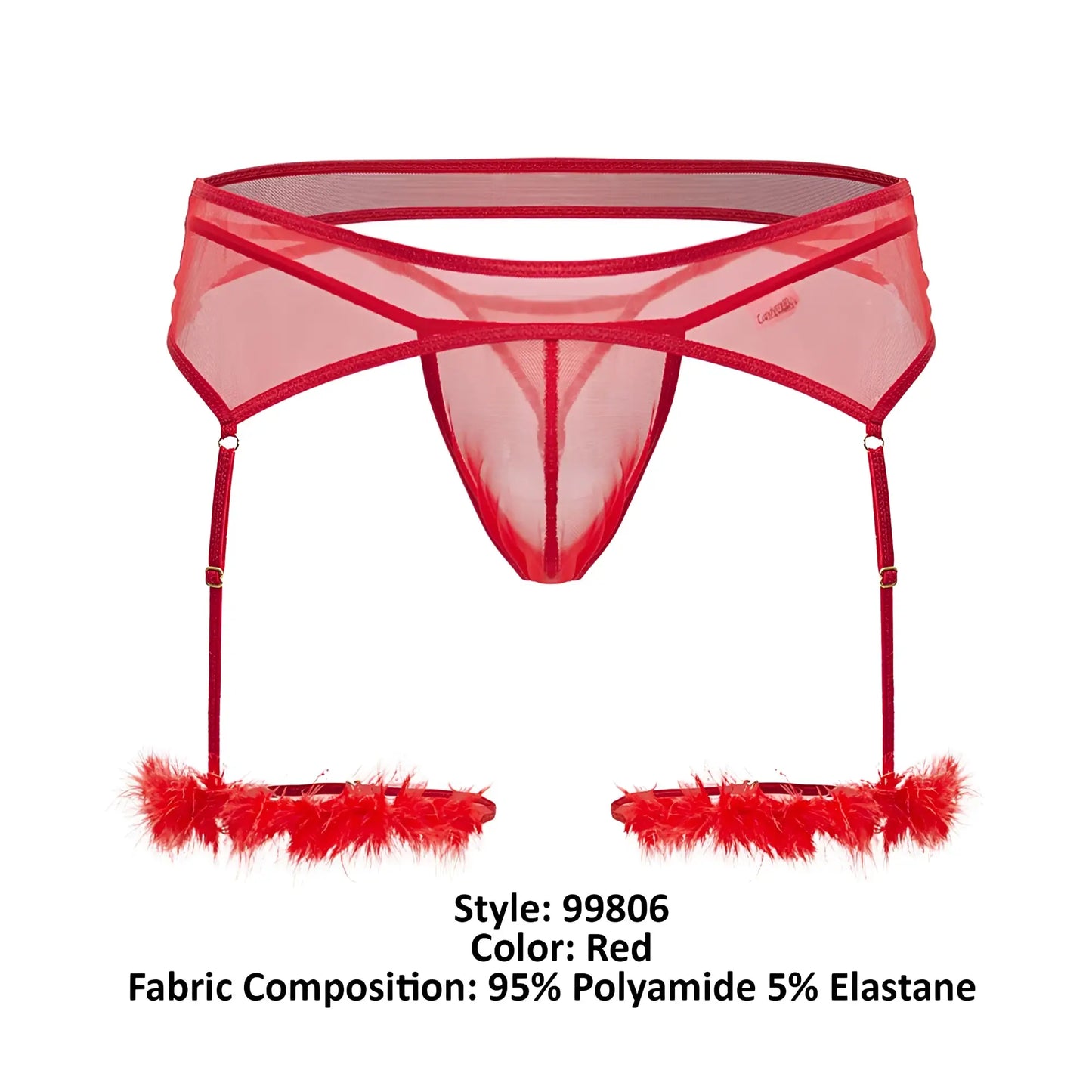 Red sheer mesh garter belt with feathered cuffs and adjustable straps from candyman 99806 mesh garter outfit
