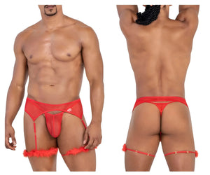 CandyMan 99806 red sheer mesh men’s lingerie with feather trim and adjustable garter straps front view