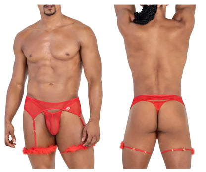 CandyMan 99806 red sheer mesh men’s lingerie with feather trim and adjustable garter straps front view