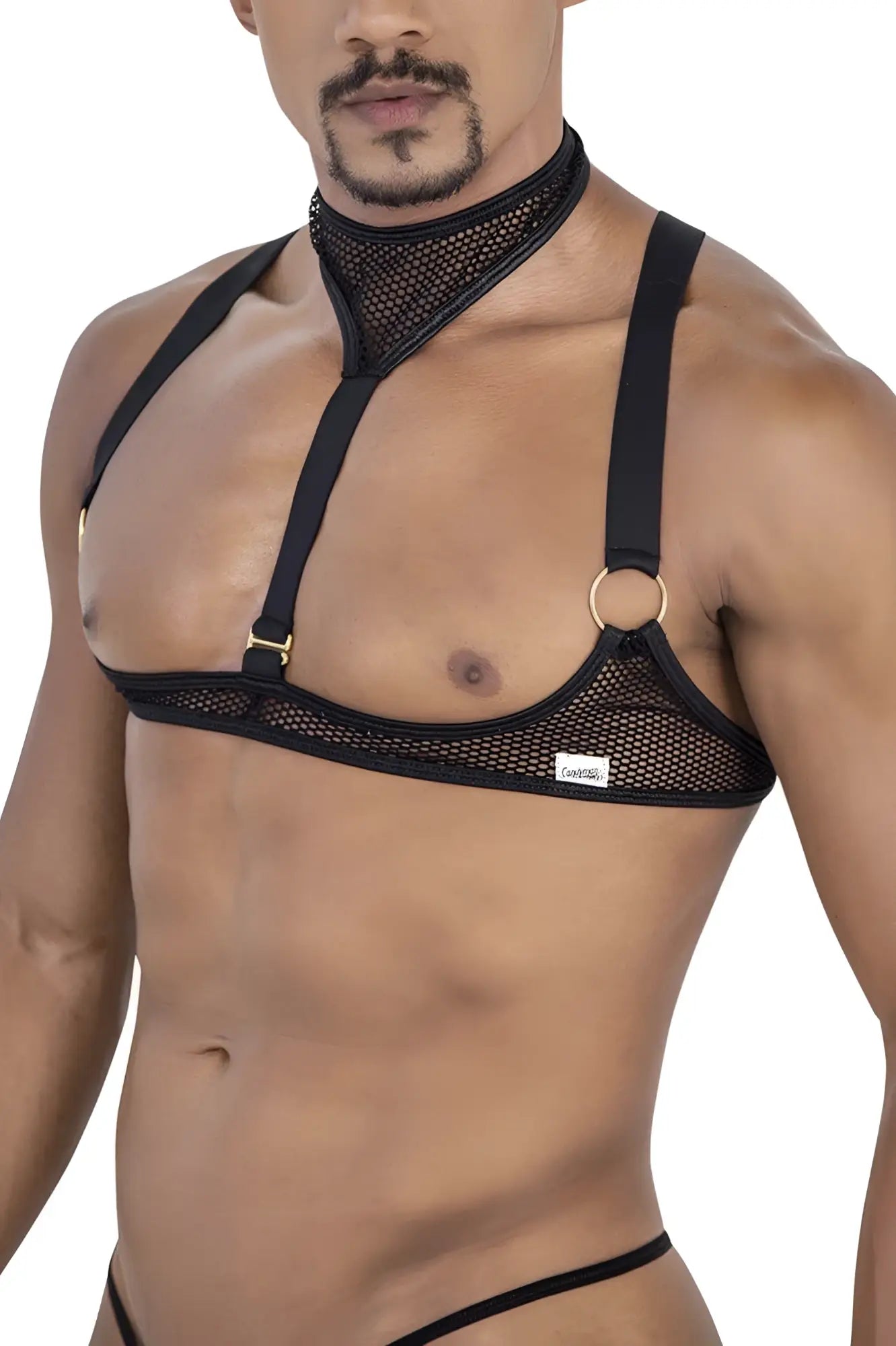 Black mesh harness candy man 99809 with adjustable straps and gold toned metal rings for edgy fashion looks