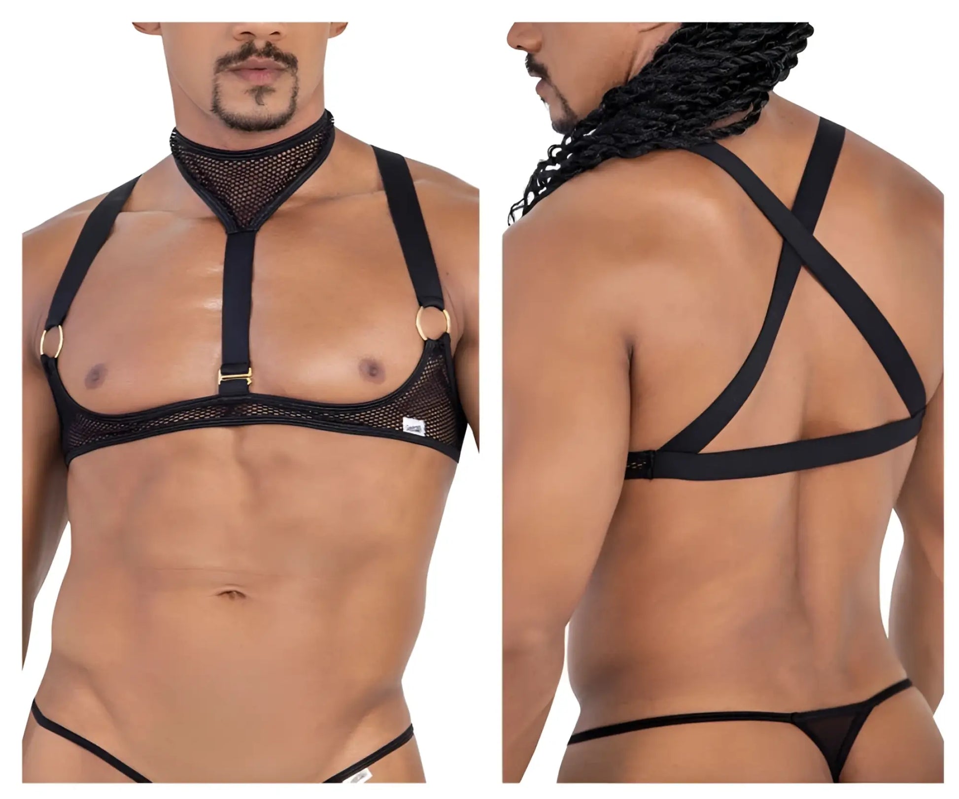 Black mesh harness top candyman 99809 with adjustable straps and gold toned metal hardware