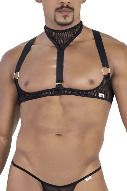 Black mesh CandyMan 99809 harness with gold-toned rings and adjustable straps shown from the back side