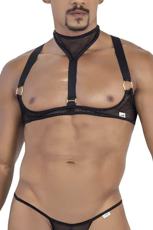 Black mesh CandyMan 99809 harness with gold-toned rings and adjustable straps shown from the back side