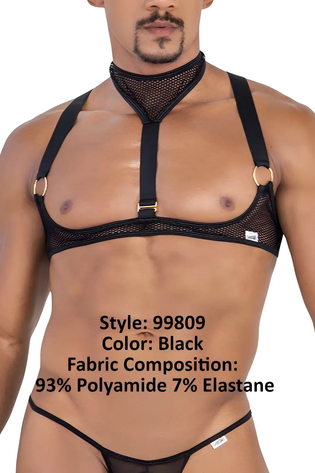 Black mesh harness candyman 99809 with gold-toned metal rings and adjustable straps in front view