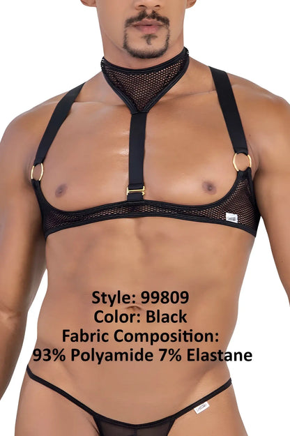 Black mesh harness candyman 99809 with gold-toned metal rings and adjustable straps in front view