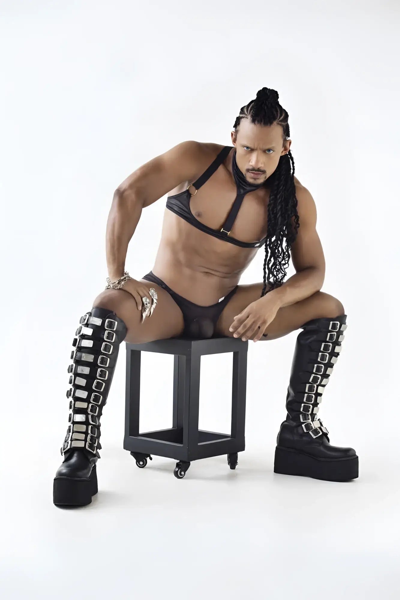 Black platform boots candyMan 99809 mesh harness with silver rectangular buckles along the sides