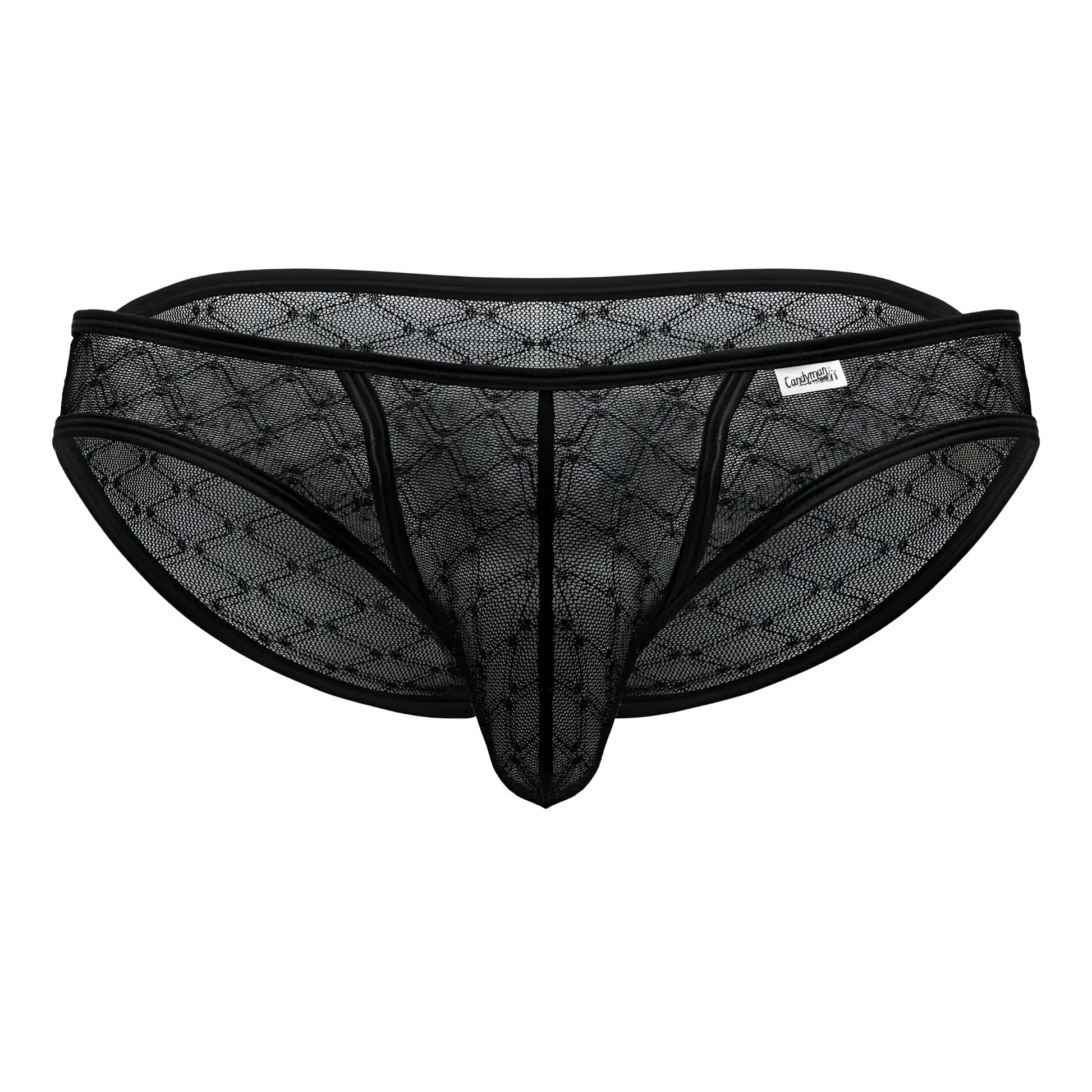 Black mesh thong candyMan 99812 briefs with diamond-patterned design and reinforced elastic waistband