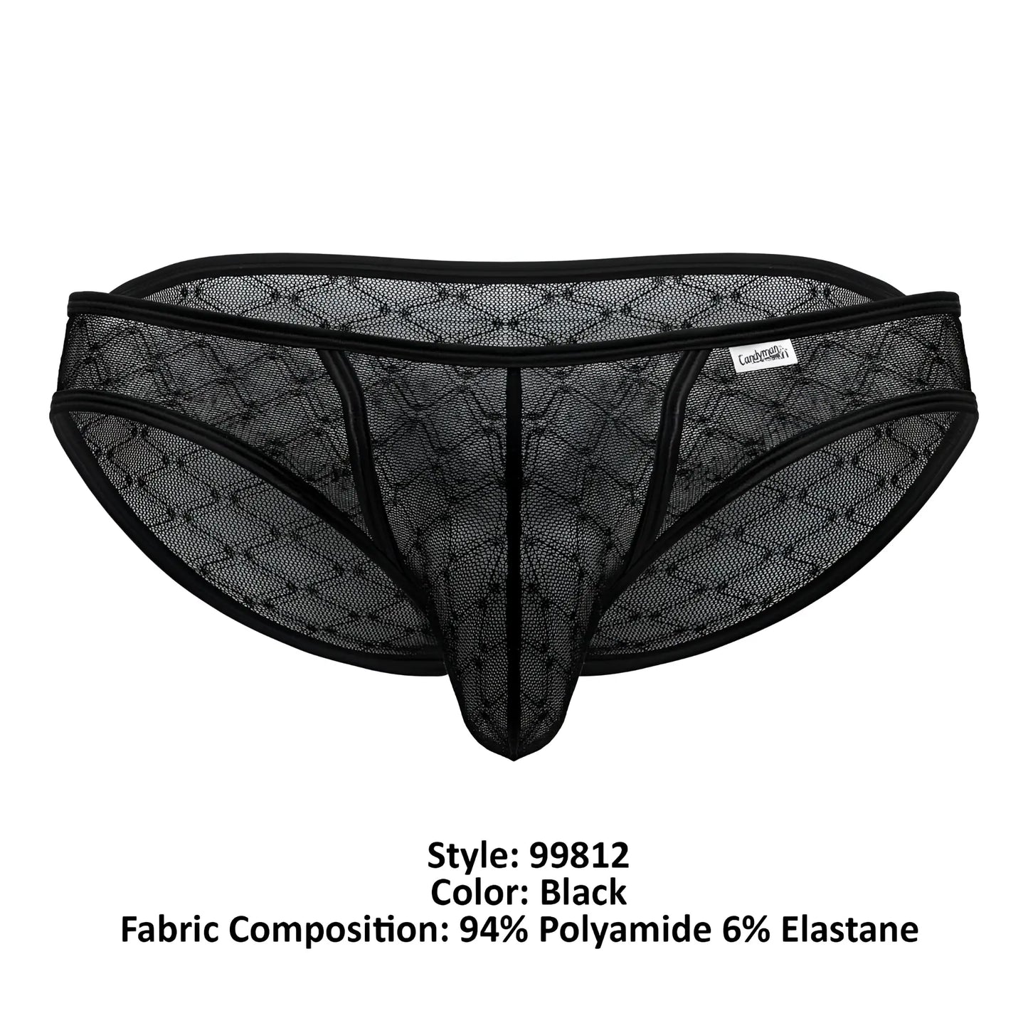 Black mesh thong CandyMan 99812 briefs with diamond-patterned design and reinforced elastic waistband