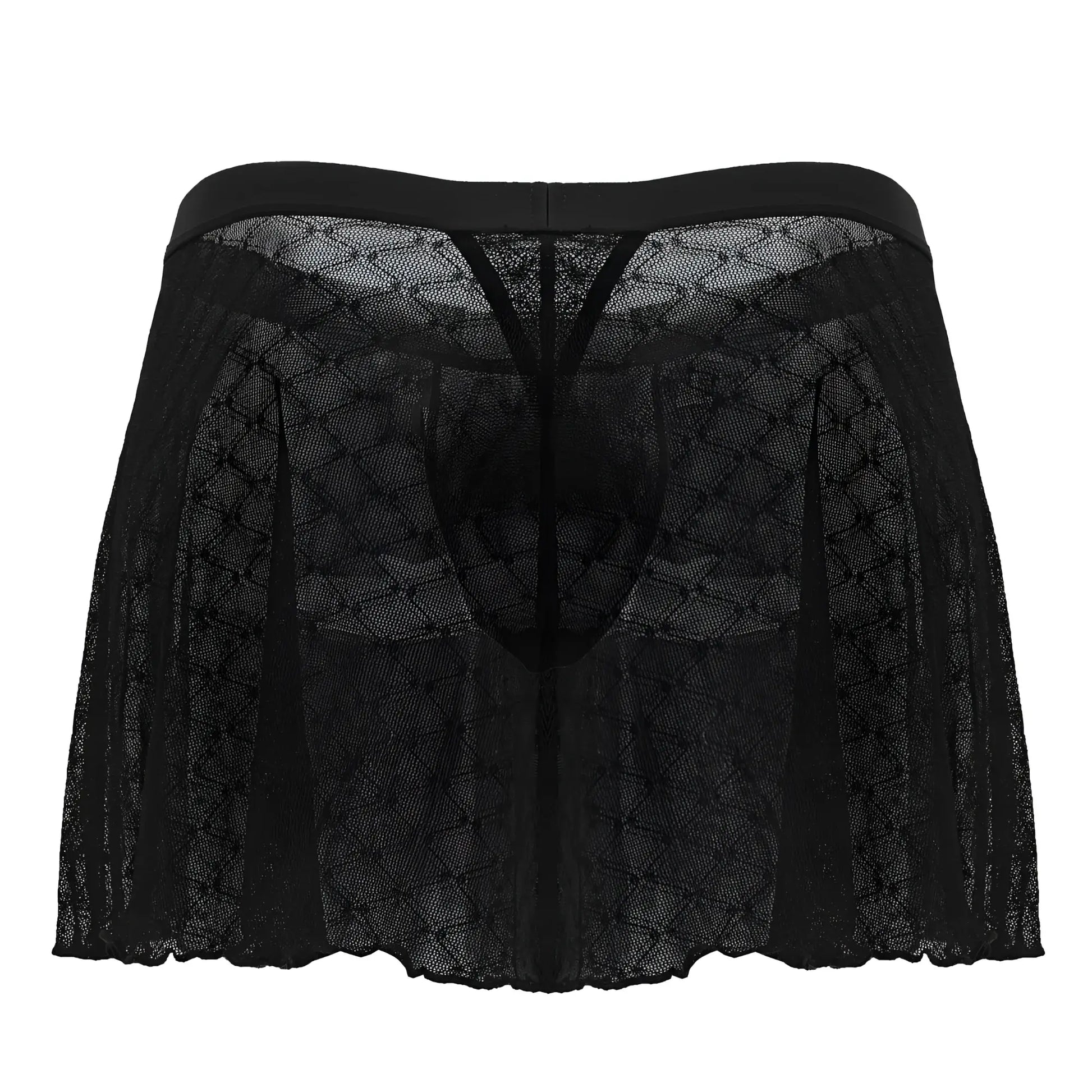 Black sheer lace men’s underwear with solid black waistband and diamond-patterned design candyman 99813 mesh skirt black